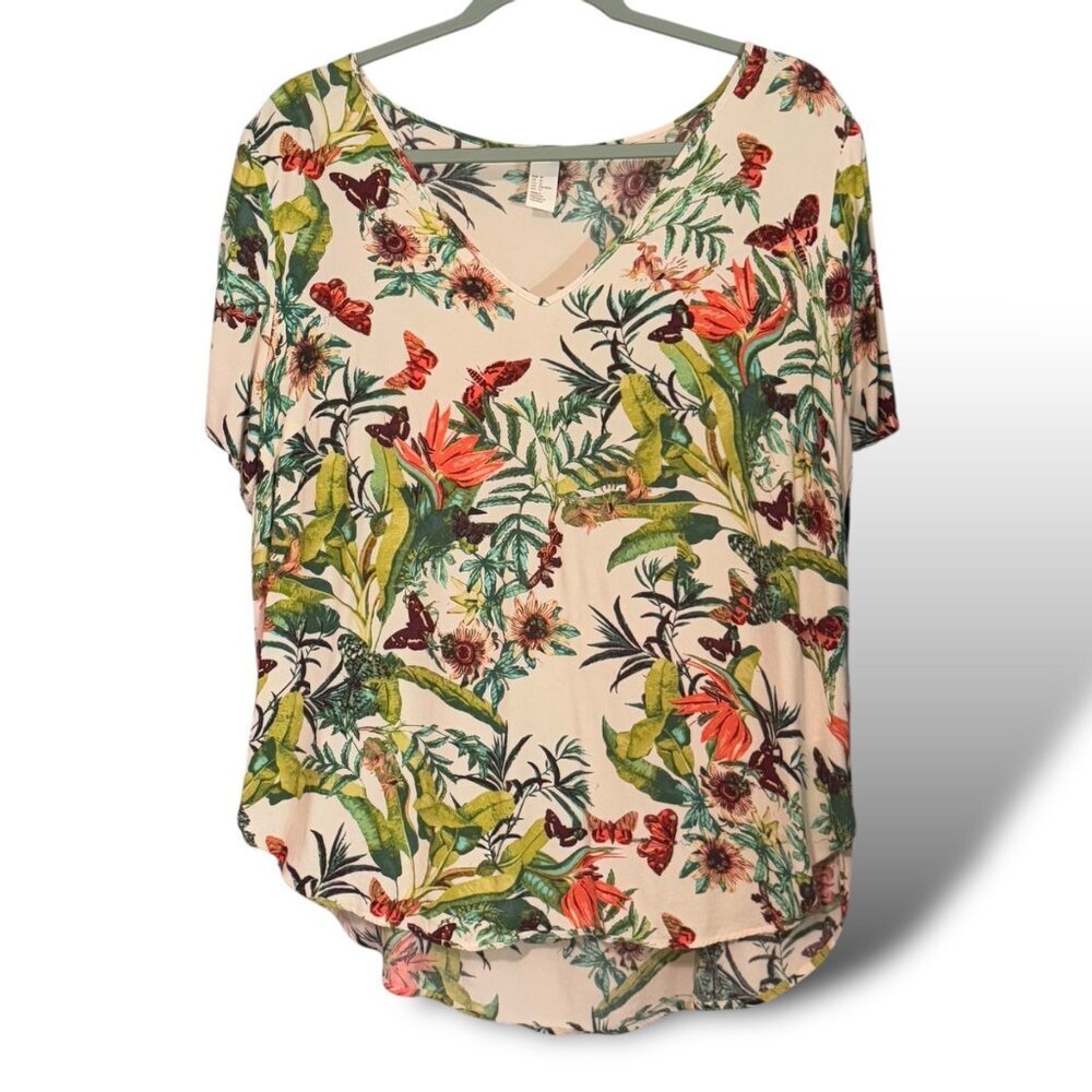 H&M Top Womens Sz 12 Tan Green Floral Short Sleeve V-Neck Round Hem Casual Shirt